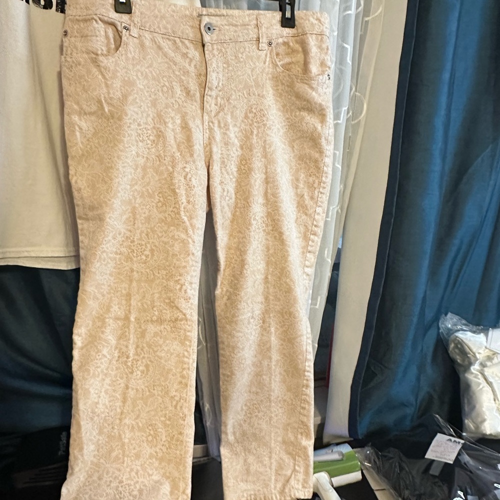 Chico's Beige and White Paisley Design Straight Leg Jeans
